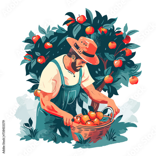Male Farmer Picking Apples From Tree Illustration