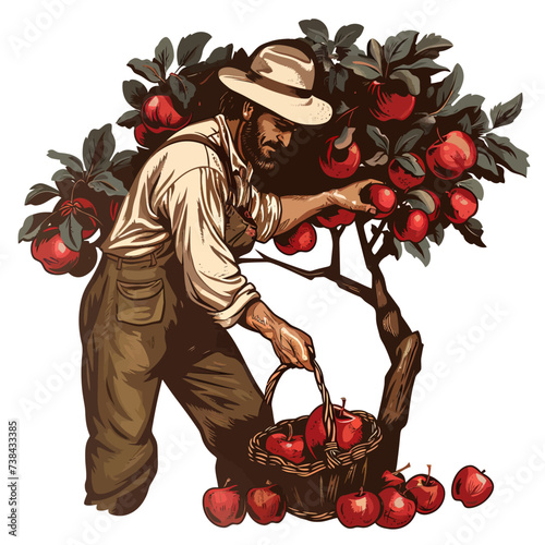 Male Farmer Picking Apples From Tree Illustration