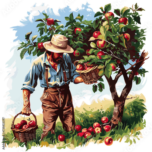 Male Farmer Picking Apples From Tree Illustration