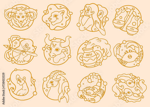 Set of Zodiac signs on beige background