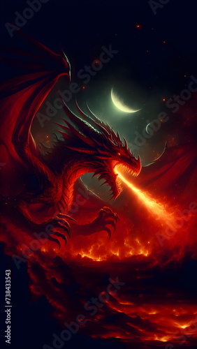 Red dragon breathing fire. Mythology creature. Dark fantasy