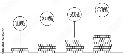 Drawn stacks of coins and loan interests on white background. Concept of debt
