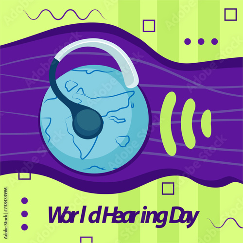 Banner for World Hearing Day with planet Earth and hearing aid