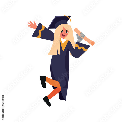 Female graduating student with prosthetic arm on white background