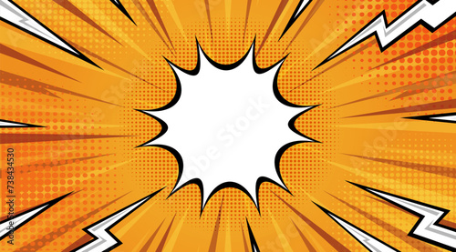 Comic Pop art background with thunder flash. Cute retro stripes pattern. Vector halftone illustration. For comic superhero text, speech bubble, message