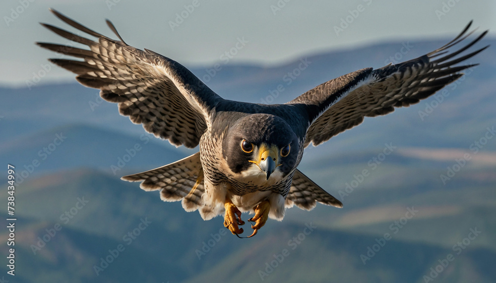 Obraz premium Zoom in to reveal the intense gaze of a peregrine falcon mid flight, its streamlined form slicing through the air with unparalleled precision