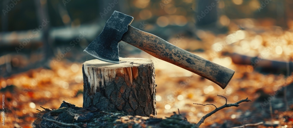 Axe rests on aged tree stump. - obrazy, fototapety, plakaty 