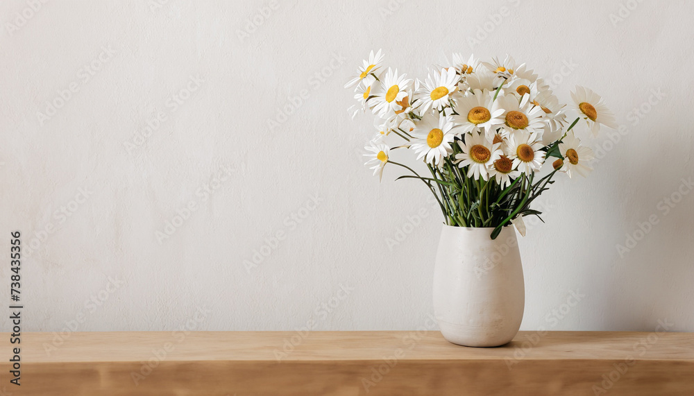 custom made wallpaper toronto digitalbouquet of daisies flowers in a ceramic vase on beige wooden table near a white textured wall. Copy space. Minimal Scandinavian interior. Neutral trendy colors interior decoration.