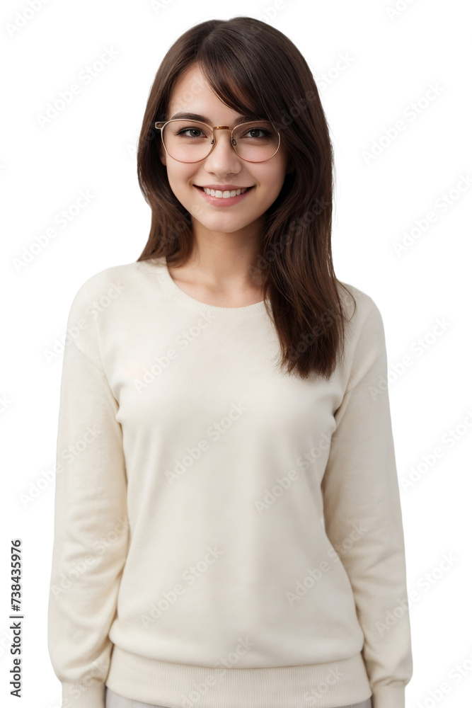 Beautiful young woman wearing casual clothes and glasses smiling and looking at the camera, isolated, transparent background, no background. PNG. Beautiful young woman wearing casual clothes and glasses smiling and looking at the camera, isolated, transparent background, no background. PNG.