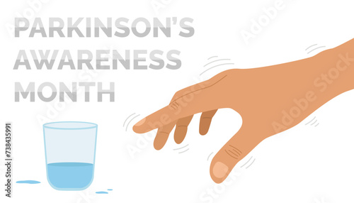 Poster for Parkinson's Awareness Month with trembling hand and glass of water