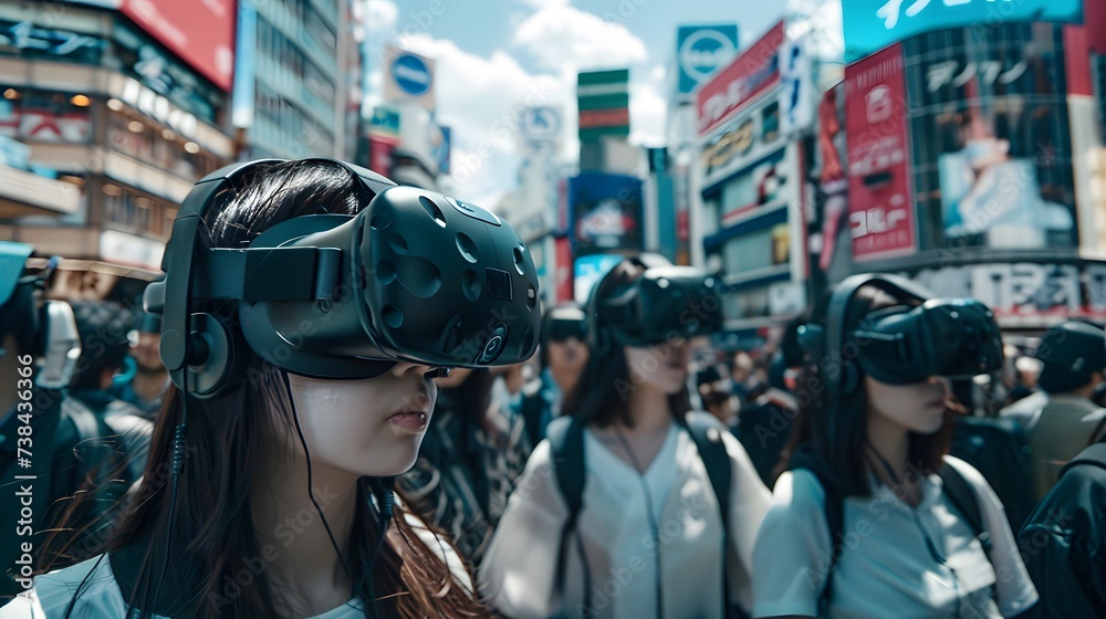 crowd wearing vr headset in futuristic city in japan crowd wearing vr headset in futuristic city in japan