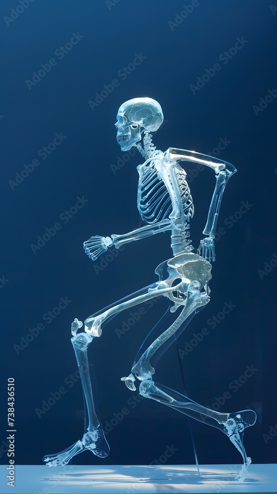 skeleton of a man is running on blue background
