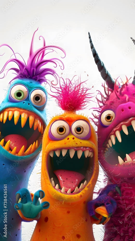 three colourful monsters with large mouths posing in front of a white background