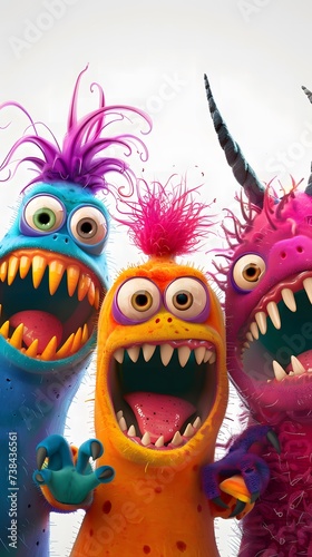 three colourful monsters with large mouths posing in front of a white background