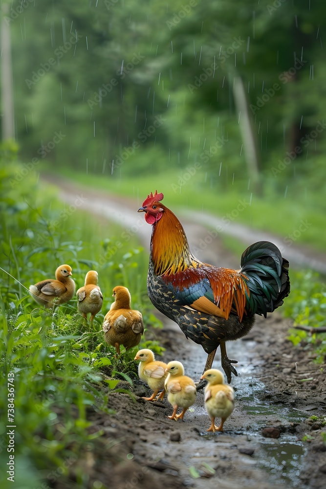 Fototapeta premium A mottled rooster and newborn chickens walk on green loan