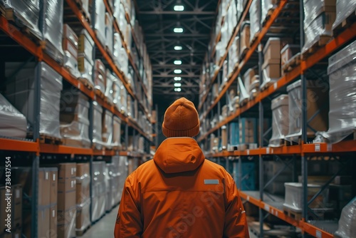 back view of a male worker standing in an industrial warehouse