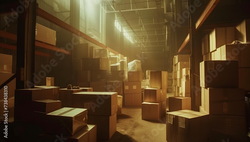 the warehouse aisle with multiple cardboard boxes on it