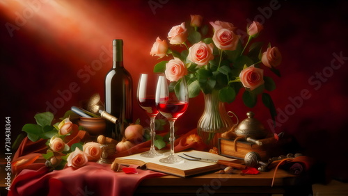 Still life with two wine glasses, roses and a bottle of wine on a table and a red background