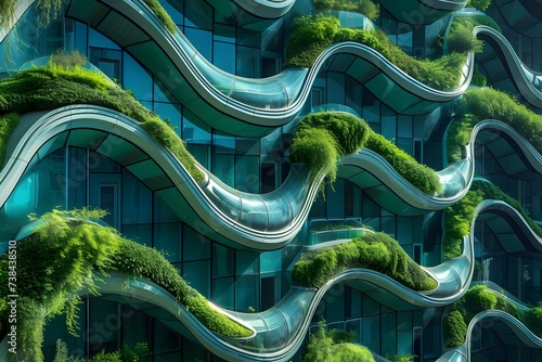 green roof on building facade, with greenery on facade photo