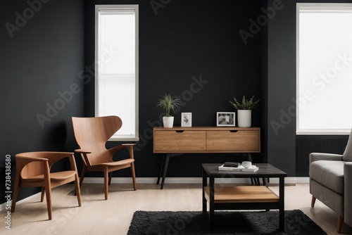 Modern living room interior mockup with black wall and wooden furniture in a perfect composition. © PNG&Background Image