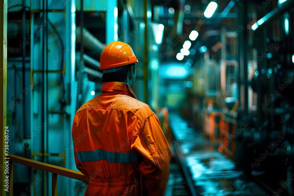 a worker in orange standing in a factory, wearing helmet