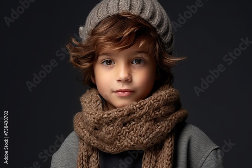 Portrait of a young girl in a gray knitted hat and scarf.
