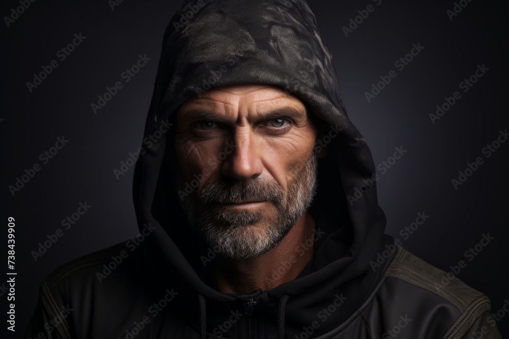 Portrait of a man with a beard in a hood on a dark background Portrait of a man with a beard in a hood on a dark background