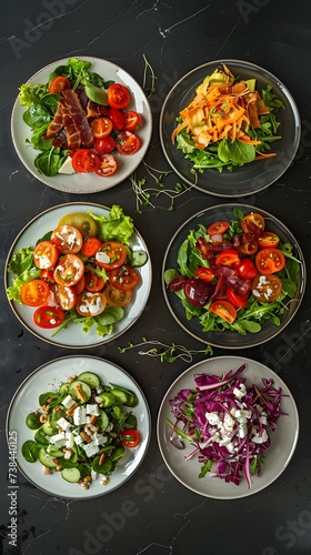 a set of plates with salad assorted with vegetables
