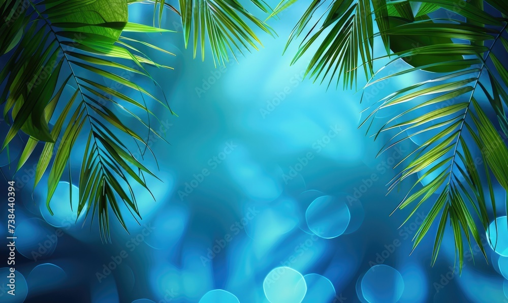 summer background, blue color, with palm leaves on the edge - obrazy, fototapety, plakaty 