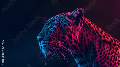 A profile portrait of a leopard with neon blue and pink lighting accents against a dark background, creating a striking and artistic representation of wildlife.  © Ziyan Yang
