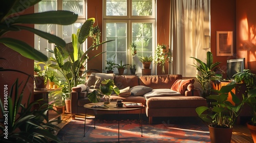 Cozy living room with indoor plants. Home gardening and biophilic design. Authentic home interior