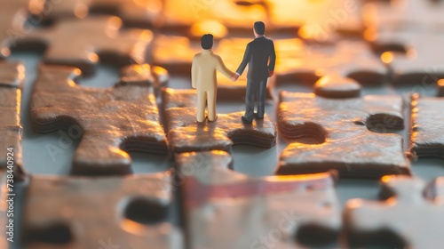 Two people standing on two puzzle pieces shaking hands 