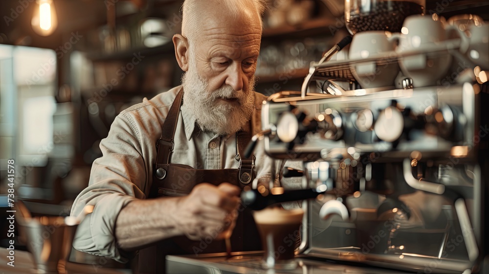 Old handsome senior man barista working in cafe wallpaper background Old handsome senior man barista working in cafe wallpaper background