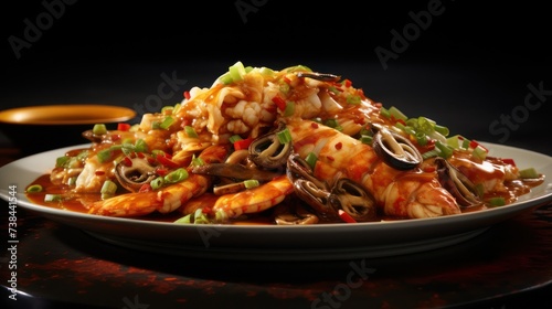 Seafood dishes, dinner menu, spicy stir-fried shrimp and scallops, restaurant menu served hot on a plate.