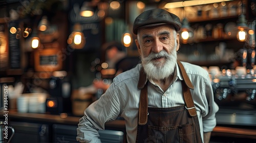 Old handsome senior man barista working in cafe wallpaper background © Irina