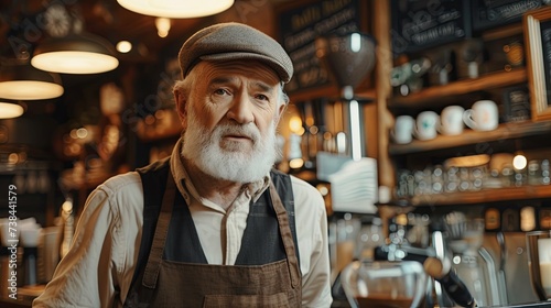 Old handsome senior man barista working in cafe wallpaper background