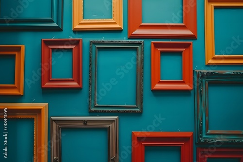 multiple colorful frames hanging against a blue wall