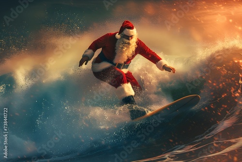 santa claus riding a surfboard