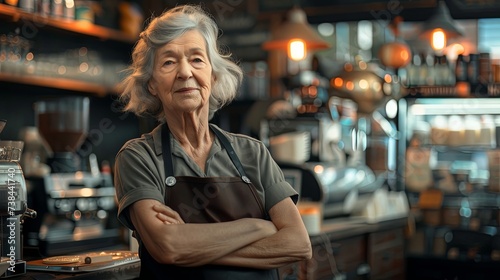 Old beauty senior woman barista working in cafe wallpaper background 