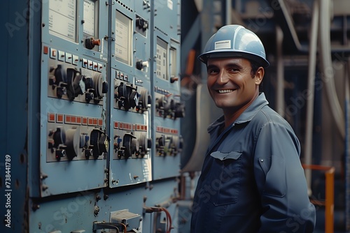 smiling industrial worker standing next to an electronic panel