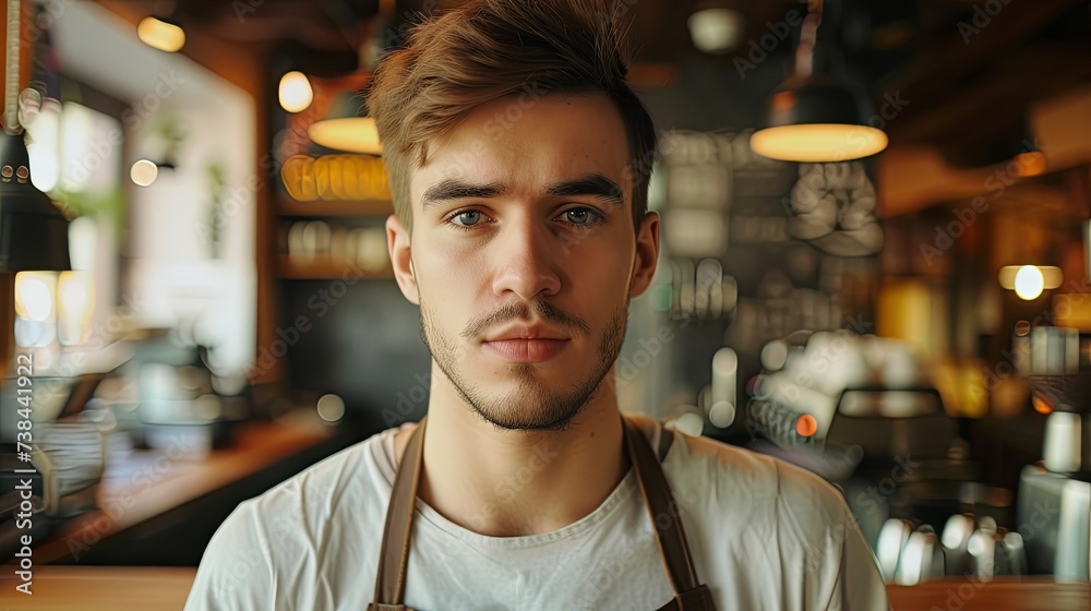 Cafe barista young man making coffee wallpaper background