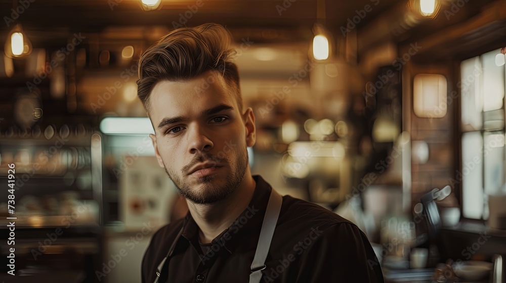 Fototapeta premium Cafe barista young man making coffee wallpaper background
