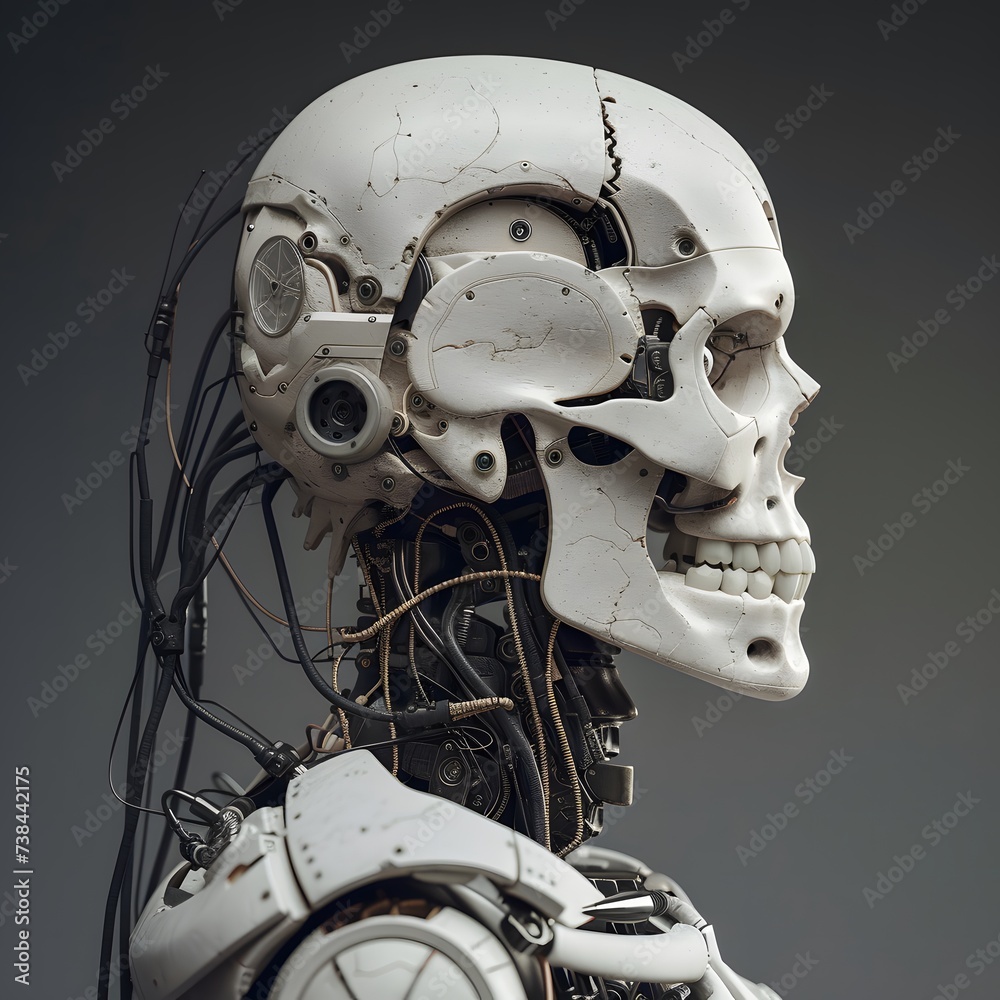 Fototapeta premium A robot with a human skull and wires running off the back of it’s head 