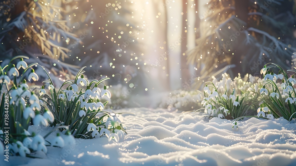 Natural spring background with delicate snowdrop flowers on snowy forest glade