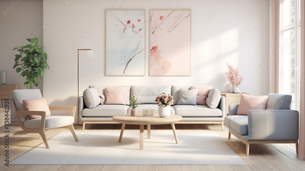 Modern elegant living room interior design inspired by scandinavian simplicity  - obrazy, fototapety, plakaty 