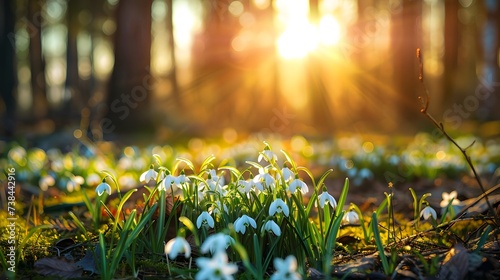 Natural spring background with delicate snowdrop flowers on sunny forest glade