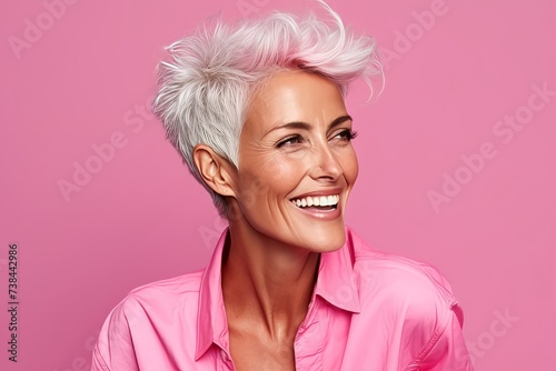 Portrait of happy mature woman with pink hair and smile, isolated over pink background