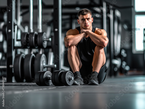 Fit male athlete in black sportswear sits on gym floor with dumbbells, exemplifying weight training and bodybuilding workouts.