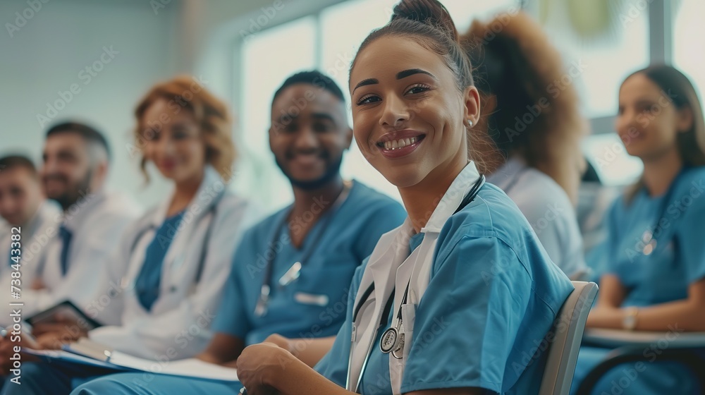 smiling cheerful nurse doctor sit relax in seminar training class nurse doctor group happiness positive face expression in education class hospital background,ai generate smiling cheerful nurse doctor sit relax in seminar training class nurse doctor group happiness positive face expression in education class hospital background,ai generate