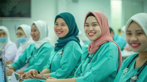smiling cheerful nurse doctor sit relax in seminar training class nurse doctor group happiness positive face expression in education class hospital background,ai generate